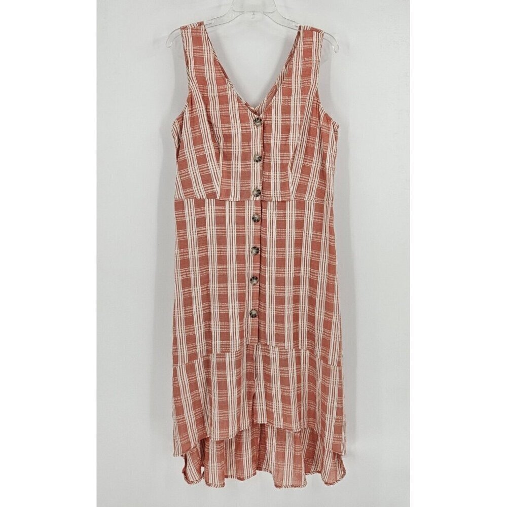 Maurices Womens Dress Sz L Orange Plaid Hi Low Guaze Cottagecore Midi Sleeveless